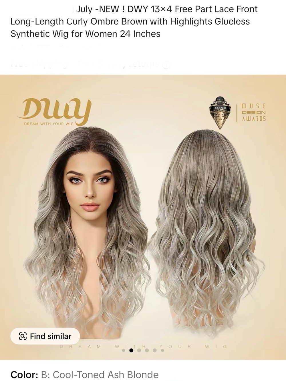 DWY July Cool-Toned Ash Blonde Ombre Long Curly Lace Front Wig - 24 Inches